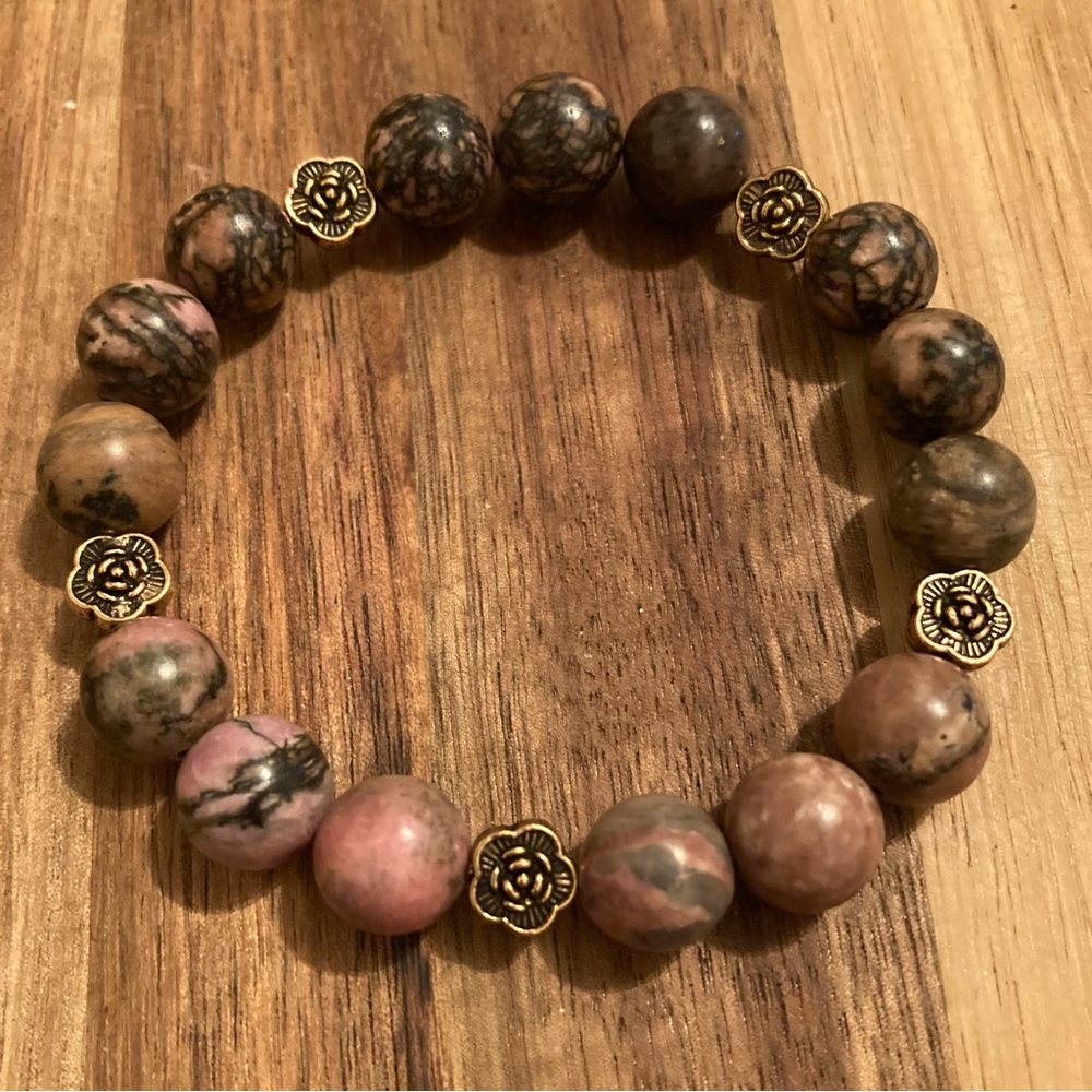 Handmade Rhodonite Beaded Bracelet with Rose Accents
